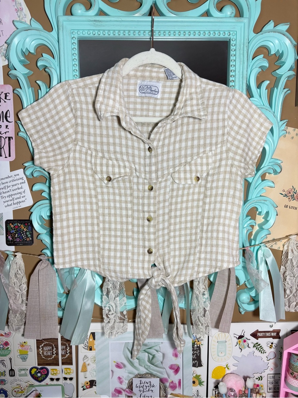 Vintage Angelique Imp Inc NYC Beige Checkered Crop Top Shirt Womens Sz.M Western